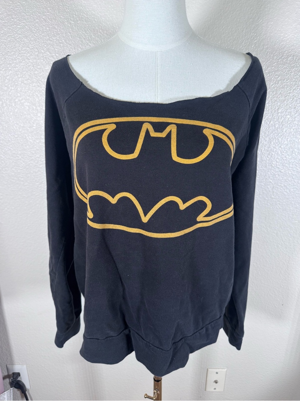 Batman Black Off the Shoulder Sweatshirt with Yellow Bat Outline